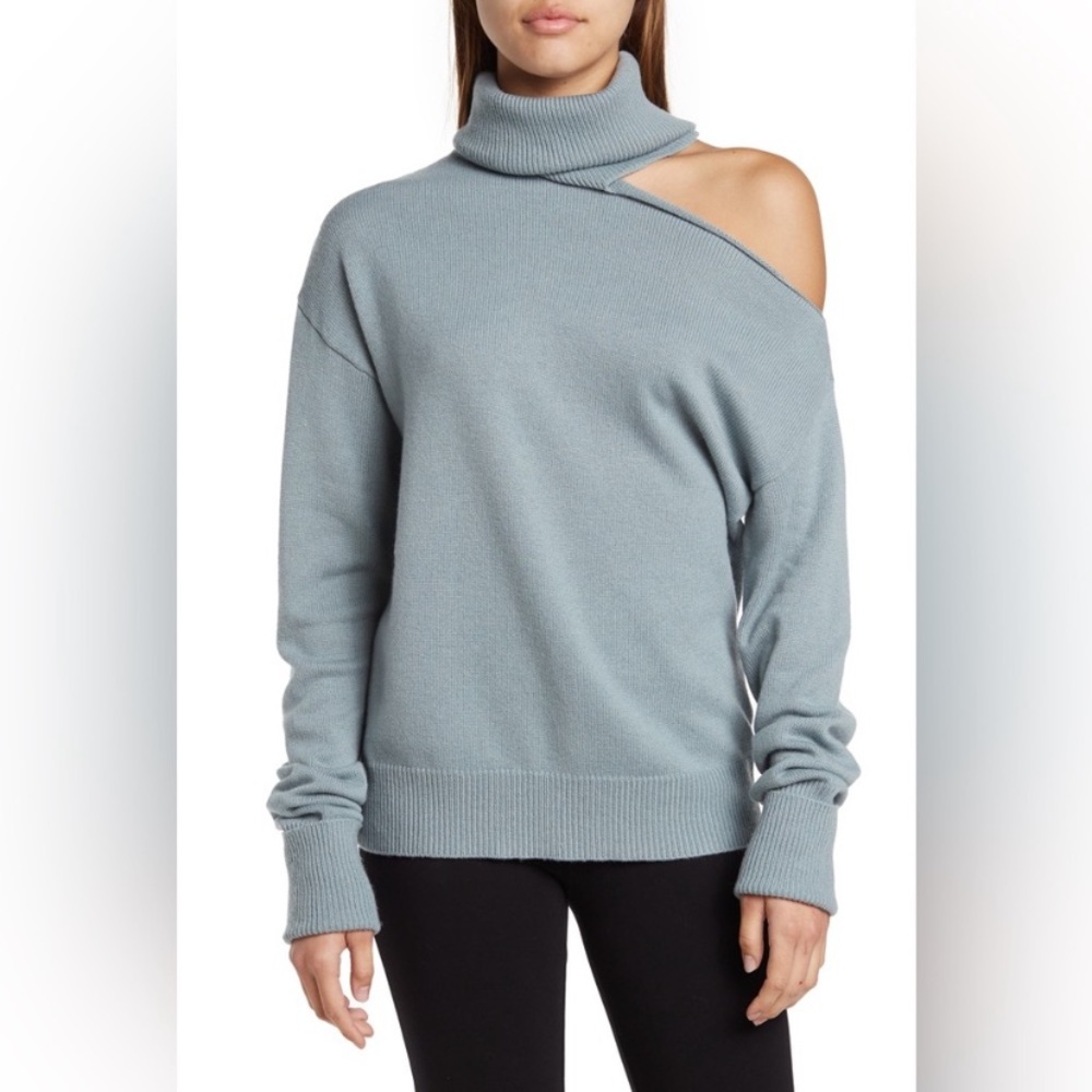 PAIGE Women’s Raundi Cowl Neck Cutout Shoulder Sweater size Medium in Stone Blue